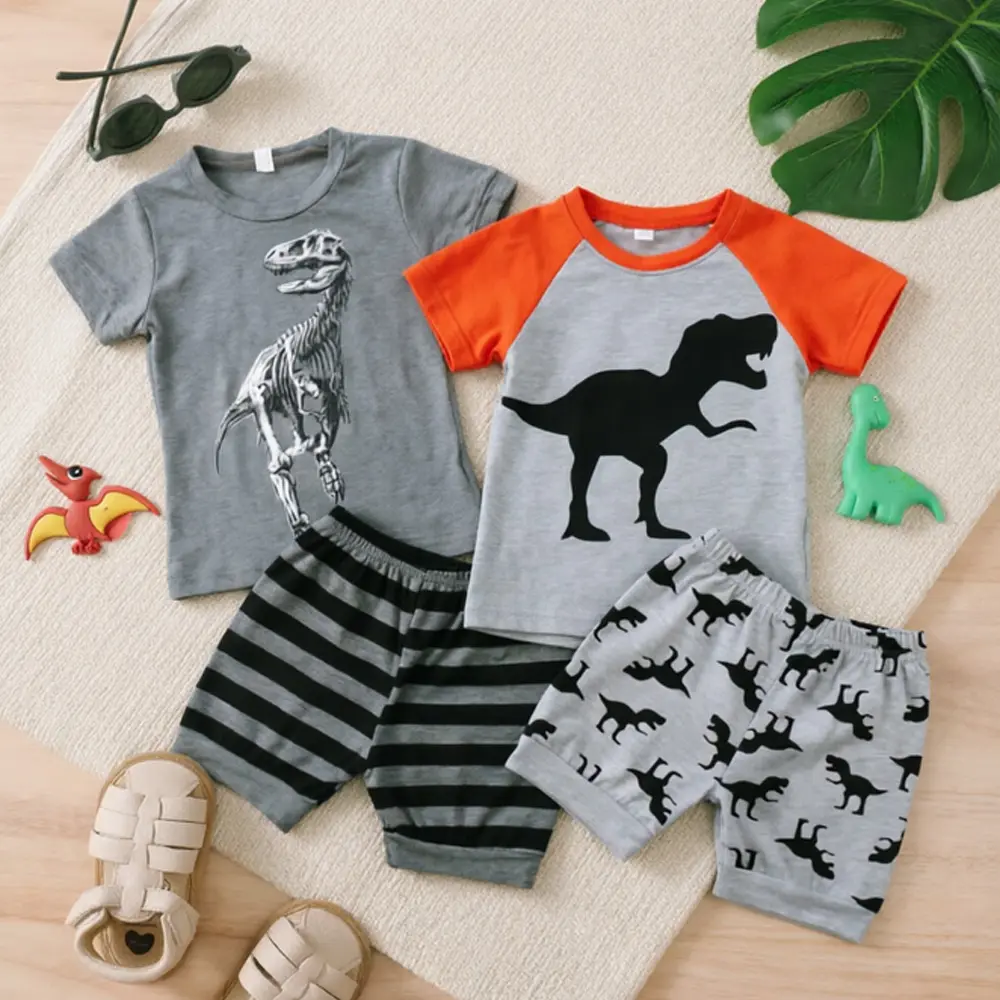 Boys' 2-Piece Outfit Set, Casual Fit Cotton Dinosaur Print T-Shirt and Striped Shorts, Cute Summer Clothes for Toddlers 1-7 Years, Cute Look, Printed, Stripes/Animals, Outdoor Ready, Polyester