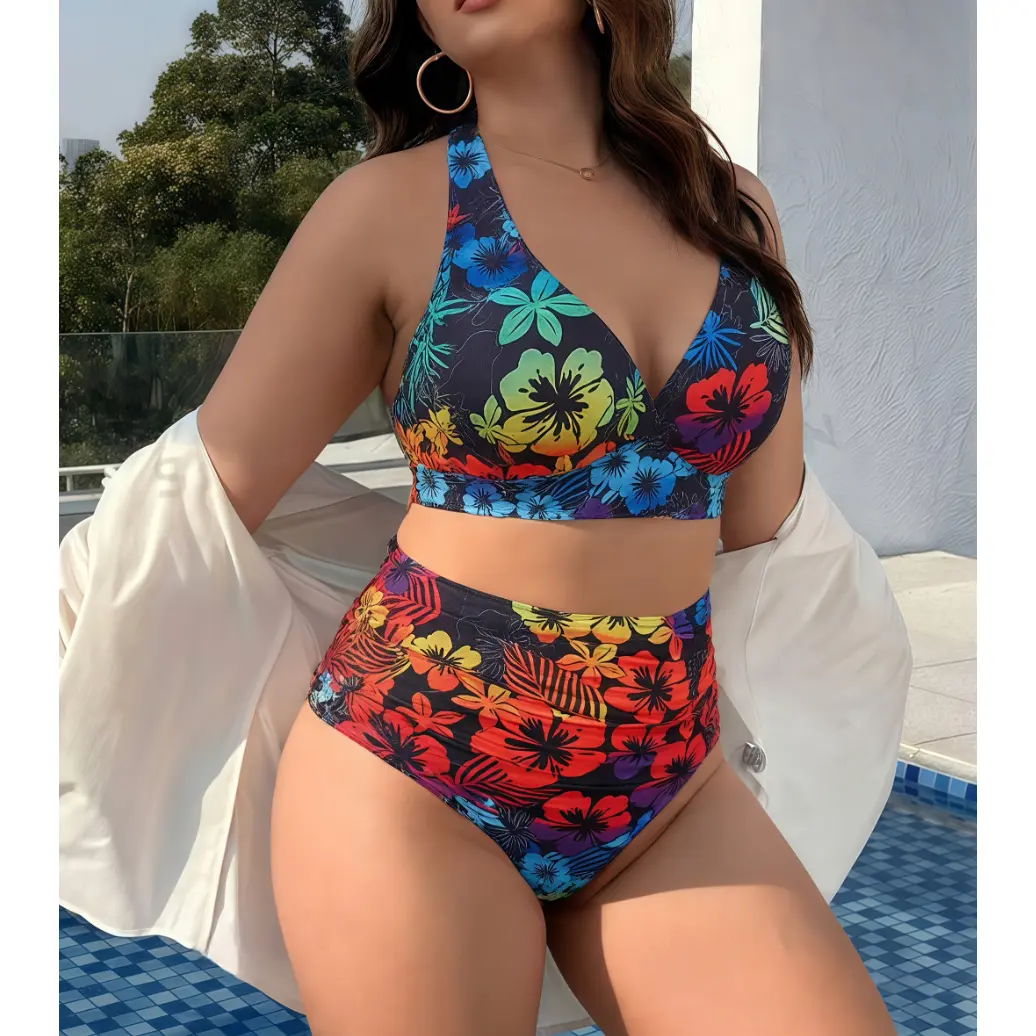 Women's Plus Size 2-Piece Bikini Set - Rainbow Floral Print Halter V-Neck Quick-Dry Breathable Cropped Top with Front Ruched Detailing, High-Rise Fade-Resistant Tummy Control Briefs, Beachwear for 1XL-3XL, Multicolor, Two Piece Set