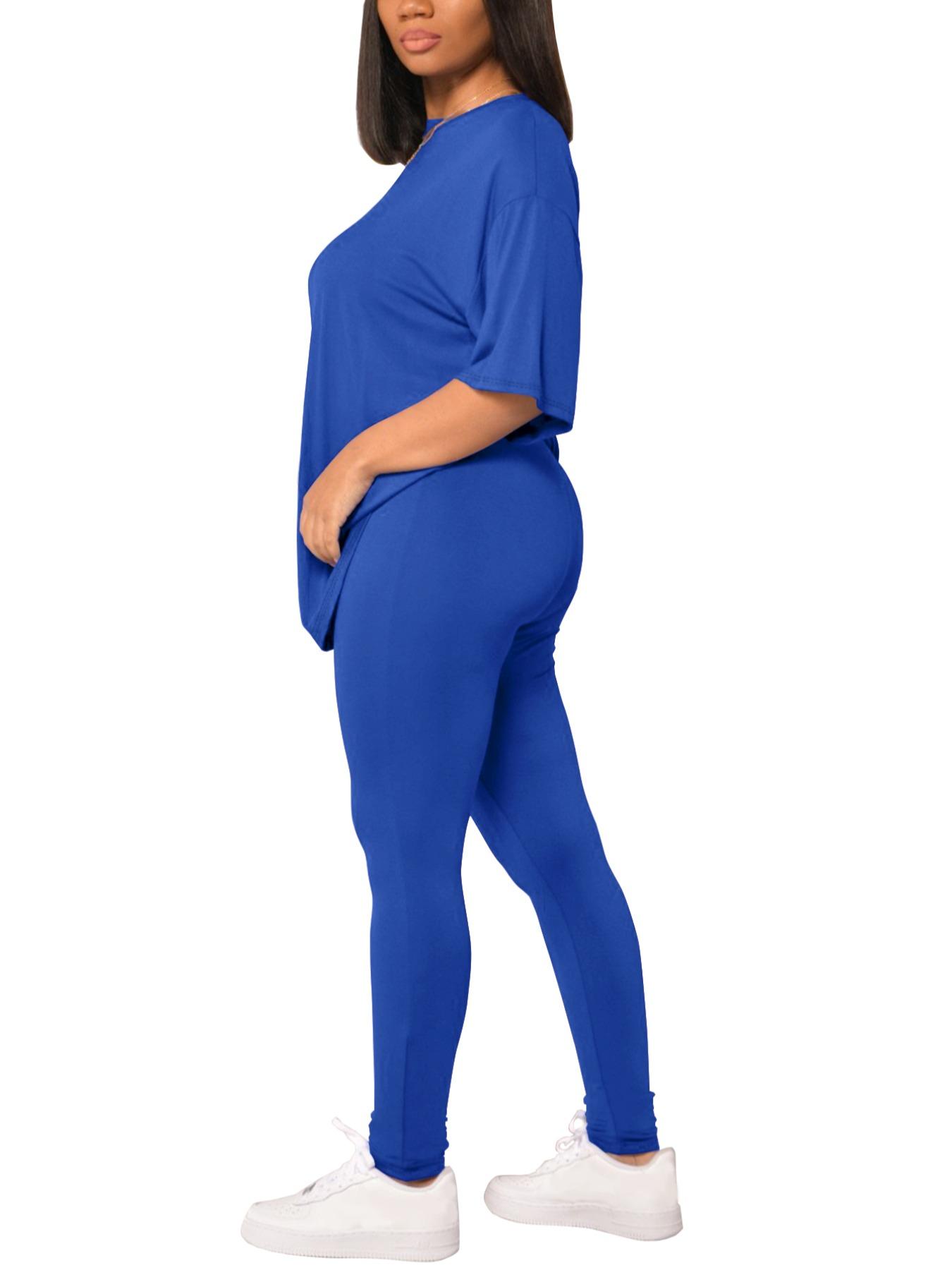 Women's Solid Drop Shoulder Tee & Elastic Waist Fitted Skinny Pants Set, Summer Clothes Women, Casual Round Neck Half Sleeve Top & Leggings for Summer