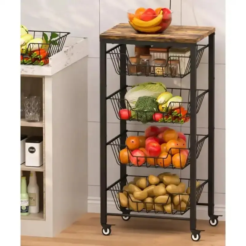 Black Metal 5-Tier Fruit Vegetable Storage Cart with Smooth Rollers, Pull-Out Baskets, Top Hanger, Banana Holder, Garage Kitchen Organiser