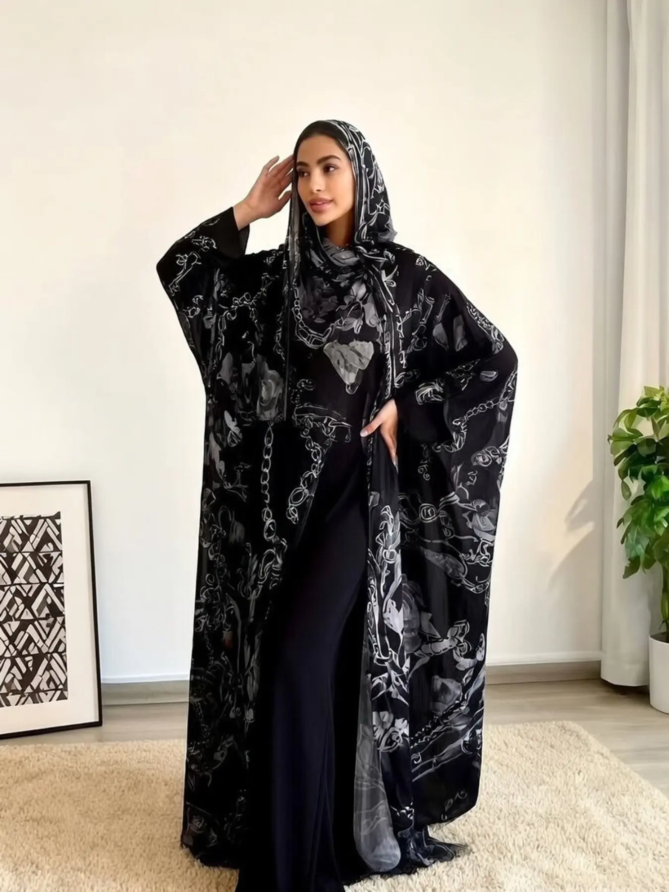 Two-Piece Set Hijab + Open Modest Islamic Abaya, Dubai Islamic Muslim Moderate Print Cardigan Headscarf, Suitable for Daily Wear by Women