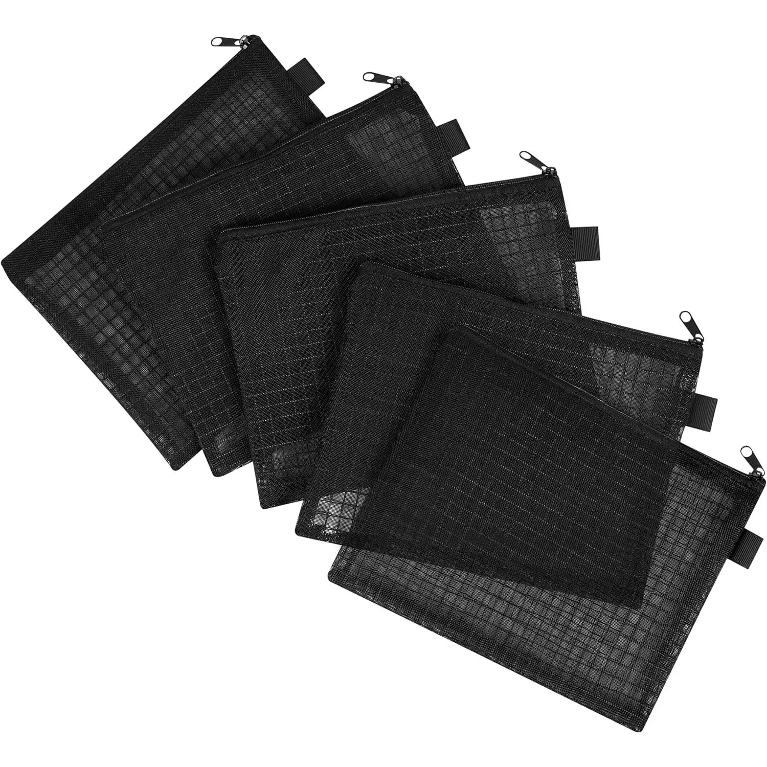 Black Nylon Mesh Zipper Pouch (6x8 Inch - Set of 5) Small Zipper Bag for Travel Accessories Cables  Office Supplies See-Through Organizer