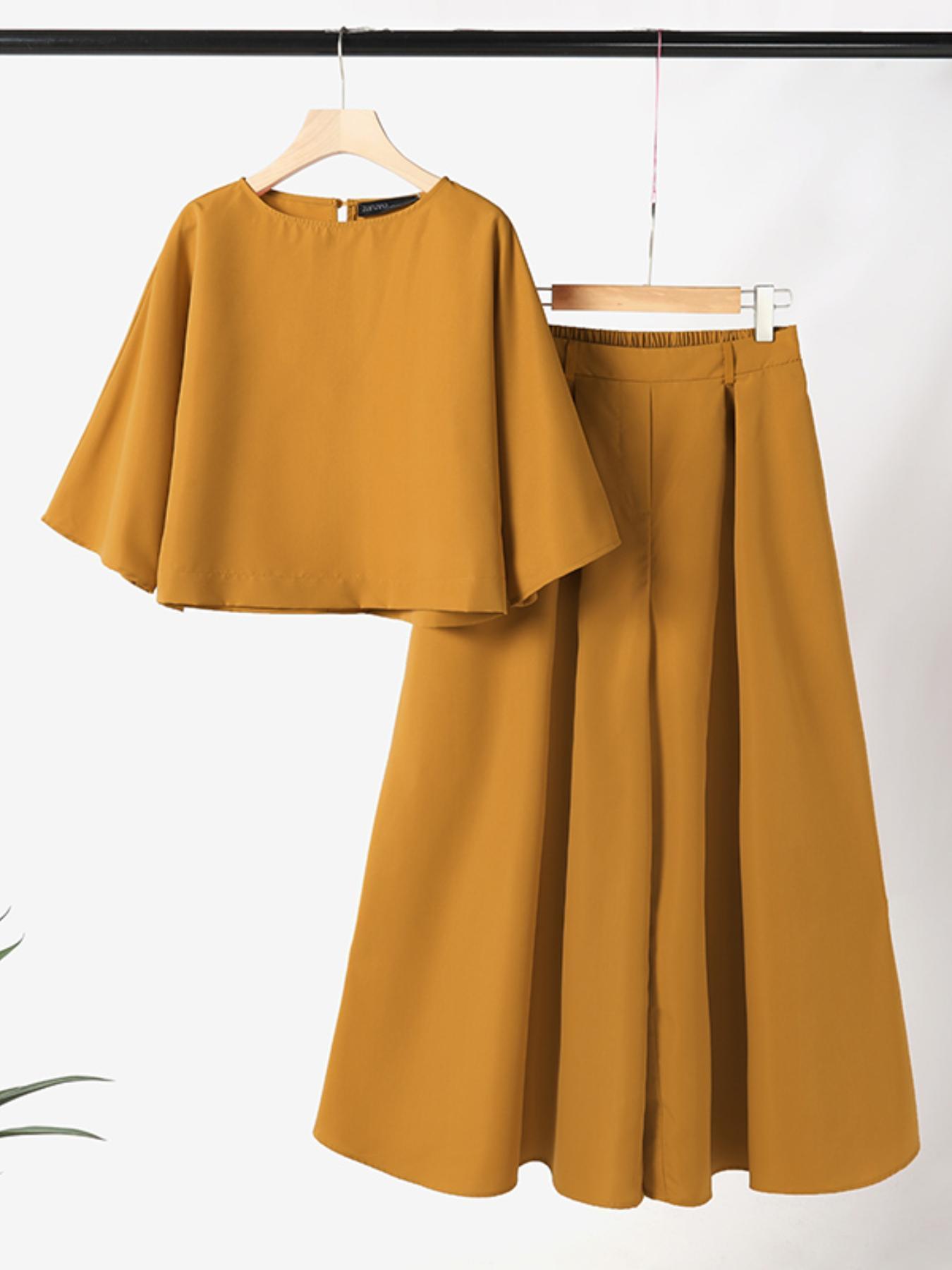 Women's Top & Wide Leg Pants Two-piece Set, Casual Fashion Minimalist Cozy Three Quarter Length Sleeve Top & Trousers for Daily Outdoor Wear, Ladies Clothes for All Seasons, Womenswear
