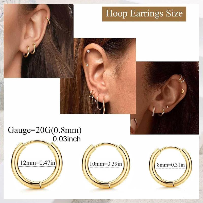 Trendy 8 Pairs Simple Classic Stud Hoop Earrings Mysterious Surgical Steel Earrings for Sensitive Ears Hypoallergenic for Women Men Charming Small CZ Flat Back Cartilage Earrings Set Unique Design Show An Unrestrained Attitude Simple Smooth Surface