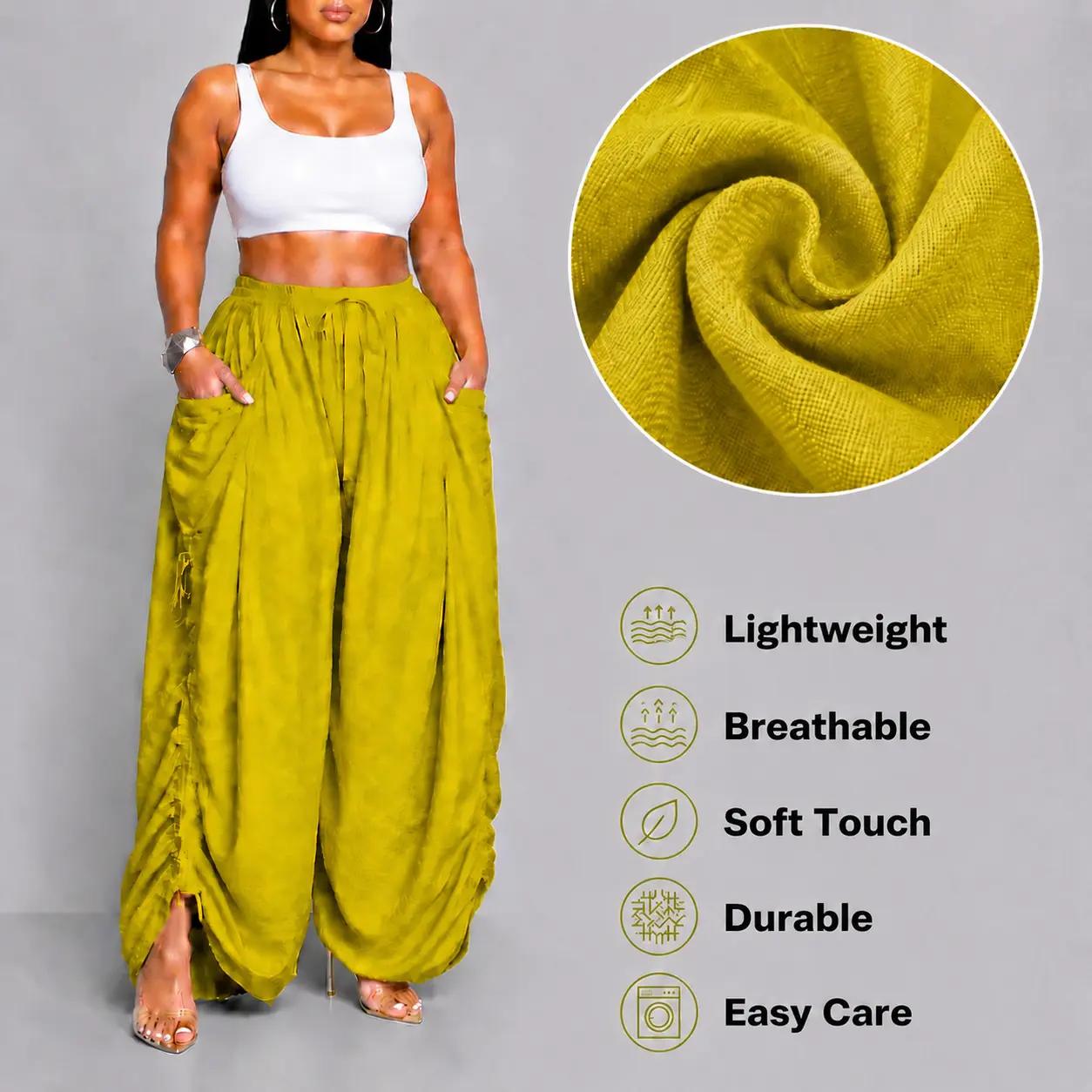 Plus size-Women's High Waisted Harem Pants Wide Leg Baggy Boho Trousers Deep Pockets Adjustable Ruched Sides Drawstring Elastic Waist Lightweight Casual Flowy Lounge Pants Plus Size S-5XL Spring Summer Y2K Streetwear Fashion