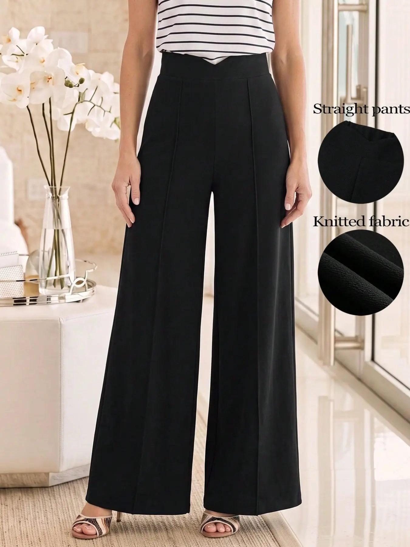 High-Waisted Pleated Knit Wide-Leg Pants, Casual Office Wear, Soft Stretch Fabric, Pair with Striped T-Shirt or Fitted Top, Thanksgiving