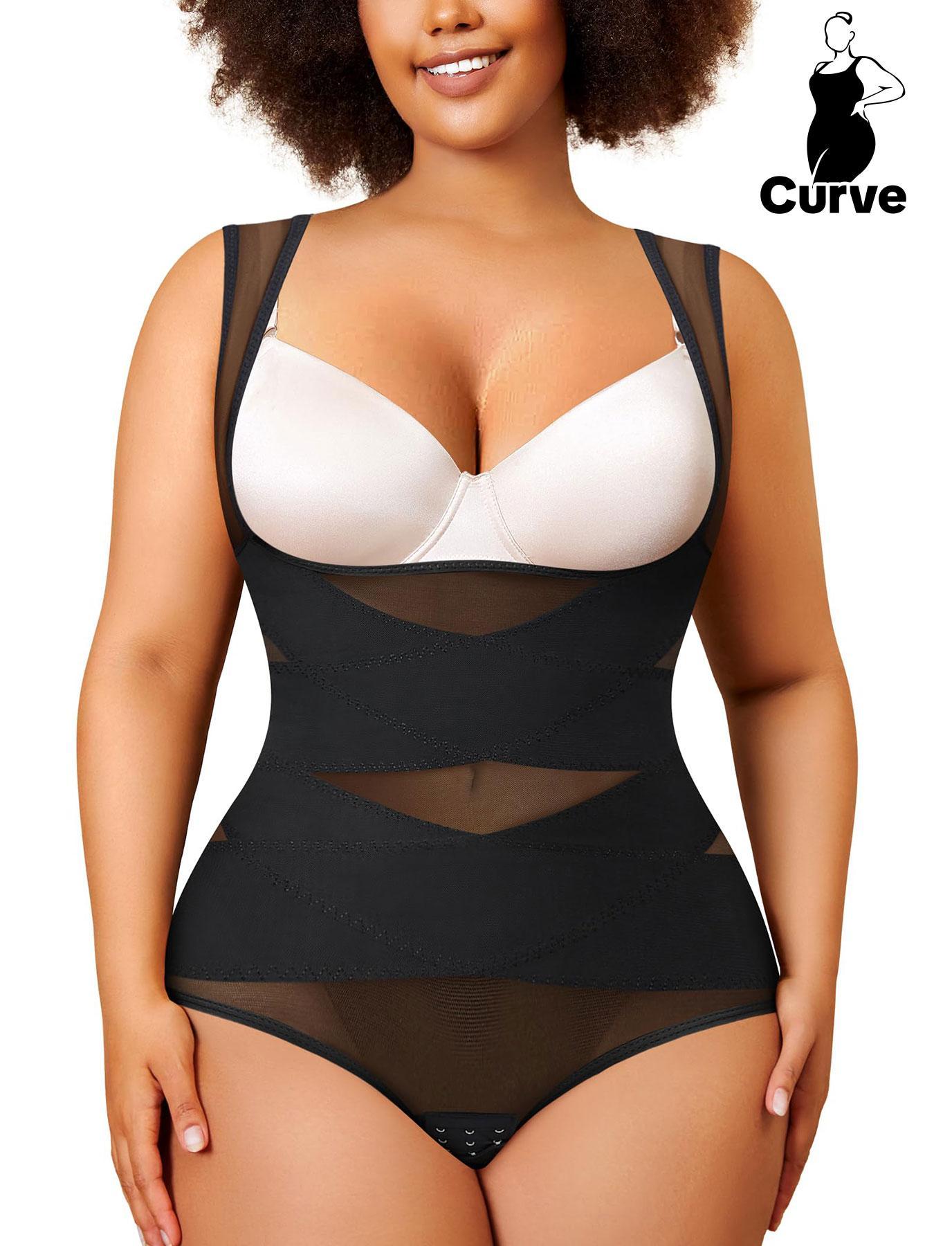 【Plus Size】 Solid Color Open Bust Hook & Eye Closure Crotch High Waisted Shapewear Bodysuit, Breathable Comfortable Shaper, Tummy Control Butt Lifter, Ladies Shapewear for All Seasons