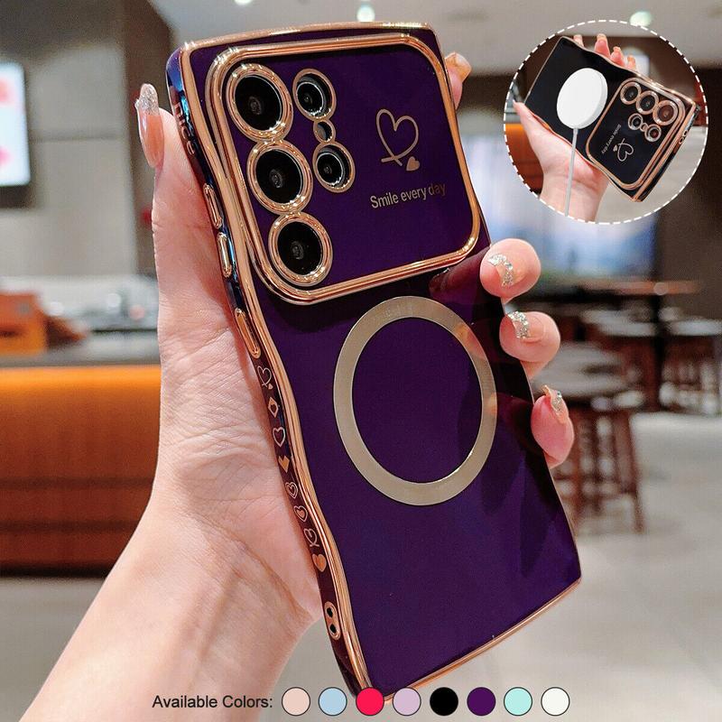 OREKROY【Freeship】Case for Samsung S25 Ultra Plus S24 S23 S22 ,Soft Wave Frame Curly Shape Magnetic Cute Love Heart Plating Phone Case with Raised Camera Lens Protection,Compatible with MagSafe Wireless Charging, Shockproof Back Cover for Women Girls
