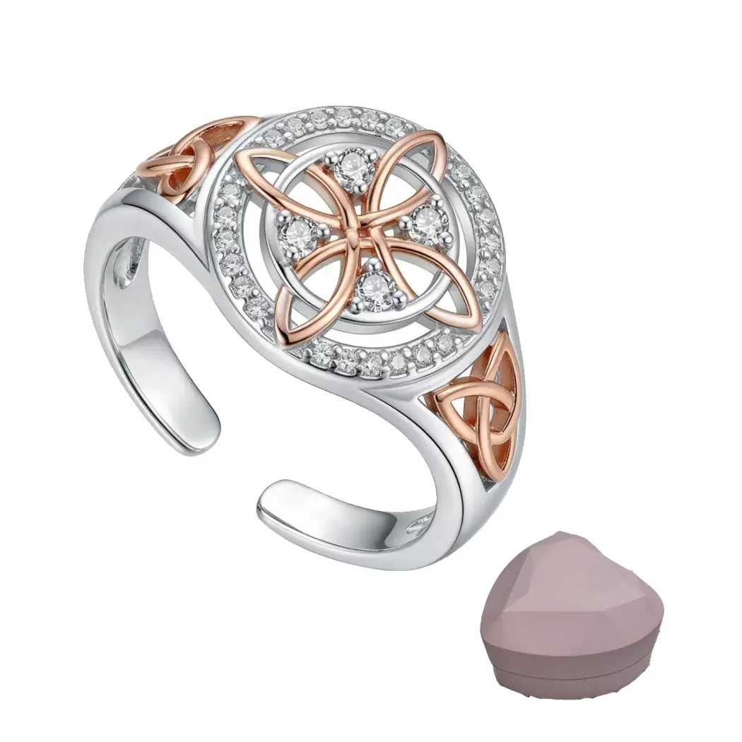 Two Tone Silver Rose Gold Adjustable Open Witches Knot Ring for Women, Vintage Boho Protection Symbol Thumb Ring with Sparkly Inlaid Stones, Comes with Light Up Pink Heart Jewelry Box, Ideal Birthday Holiday Gift for Her