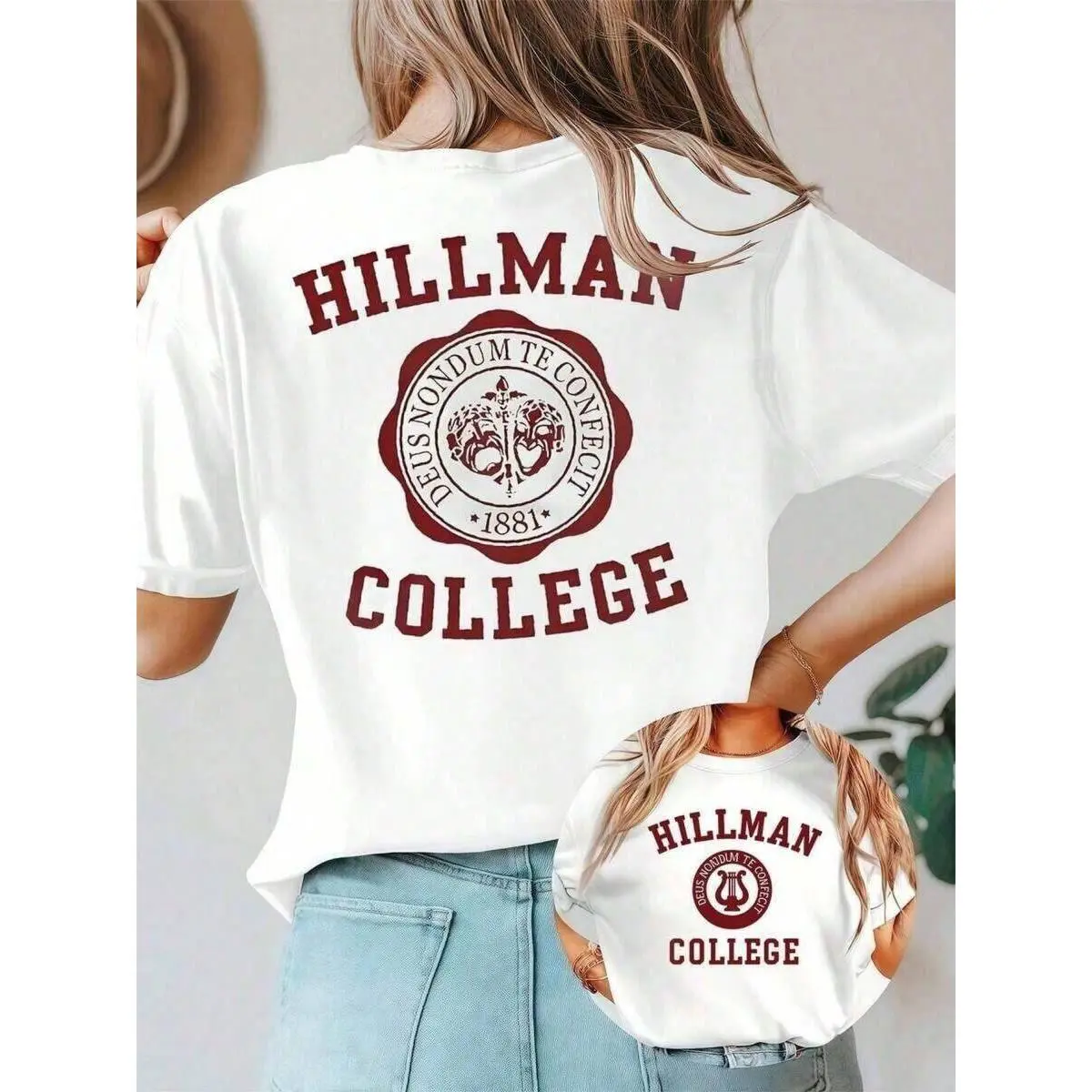 Plus Size - Plus Size - Plus Size - [Single-Sided Print] Hillman College Pattern T-Shirt, Women's Single-Sided Print Fashion Casual Crew Neck T-Shirt