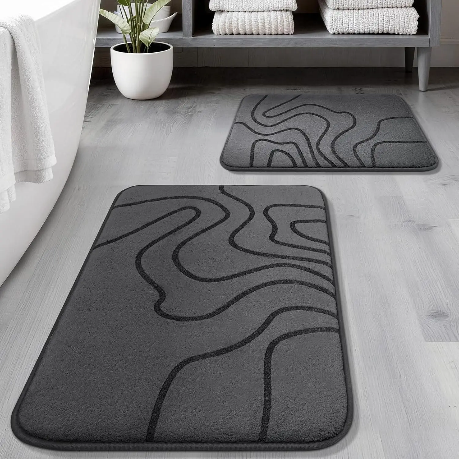 Memory Foam Bathroom Rugs Sets 2 Piece - Extra Thick Ultra Soft Absorbent Bath Mat Set, Non-Slip Machine Washable Bath Rugs for Bathroom, Tub & Shower, Home Decor (32"x20"+24"x17", Dark Grey)