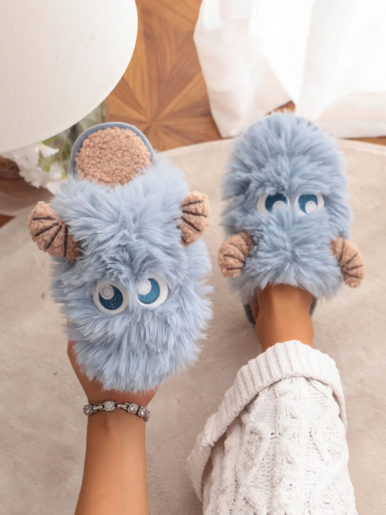 Women's Cute Abstract Cartoon Monster Velvet Home Slippers, Cozy Warm Indoor Cotton Shoes, Comfortable Ankle-Length Footwear