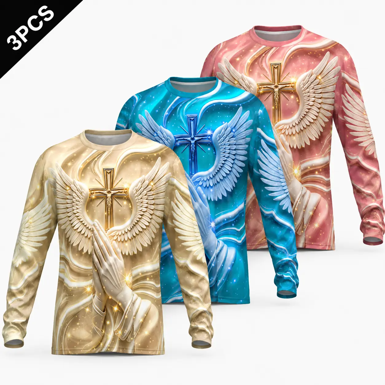 Men's 3-Pack Stylish Comfy Christian Faith Longsleeves Garment, 3D Printed Cross-Angel Wings-Praying Hands Crew Neck Sports Top, Marble Swirl Graphic Religious Daily Wear, Menswear