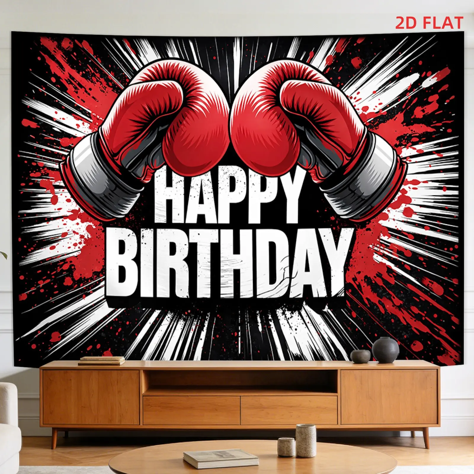 2D Flat Boxing Birthday Banner | Red & Black Boxing Gloves Sports Theme Backdrop | Single-Sided Polyester | Metal Grommets for Easy Hanging | Birthday Party, Gym, Living Room & Photo Decor