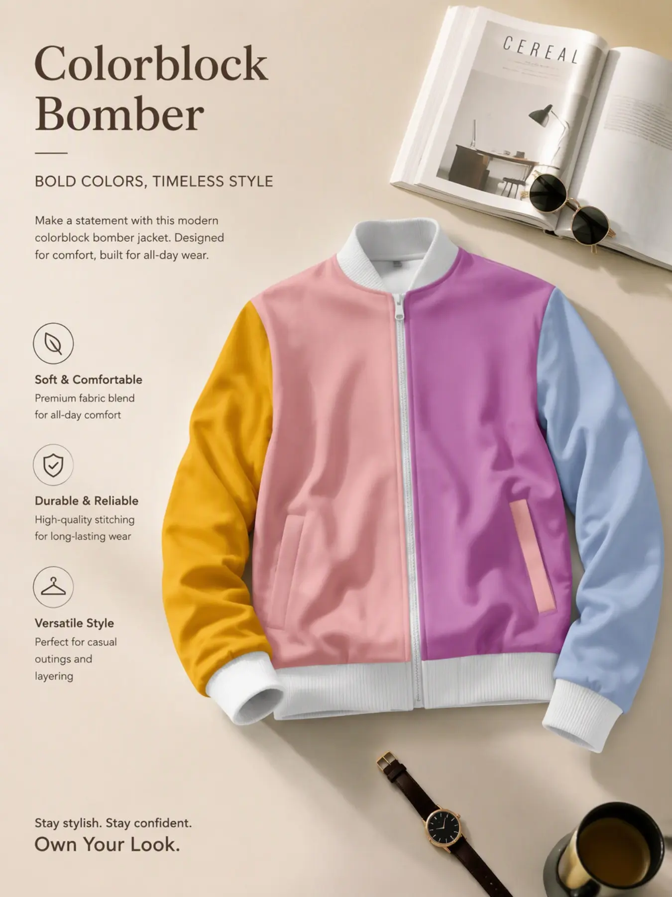 Men's Colorblock Full Zip Bomber Jacket, Retro Baseball Collar Windproof Jacket, Minimalist Streetwear Fall Winter Outer Coat
