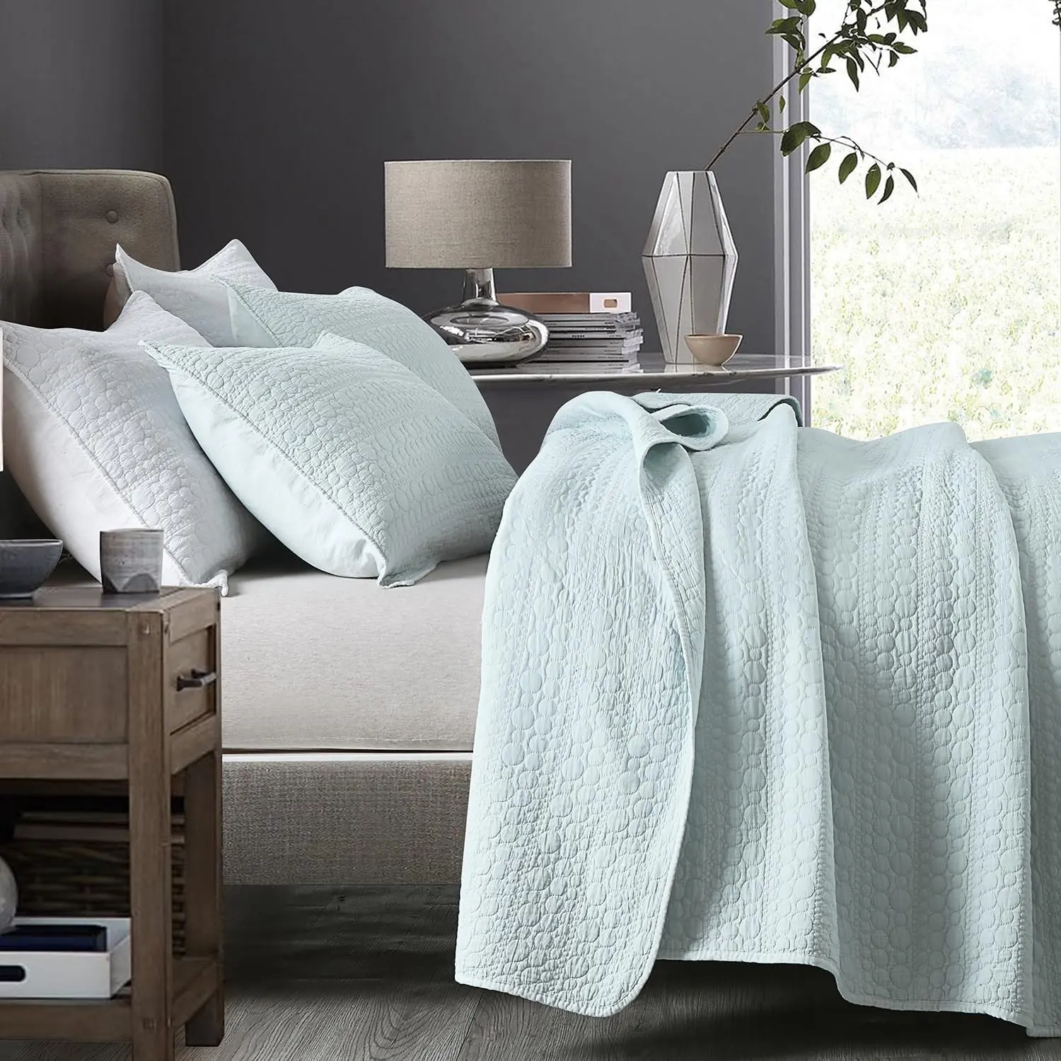 Quilt Set Queen Size Aqua Blue, Classic Geometric Spots Stitched Pattern, Pre-Washed Microfiber Chic Rustic Look, Ultra Soft Lightweight Quilted Bedspread for All Season, 3 Pieces