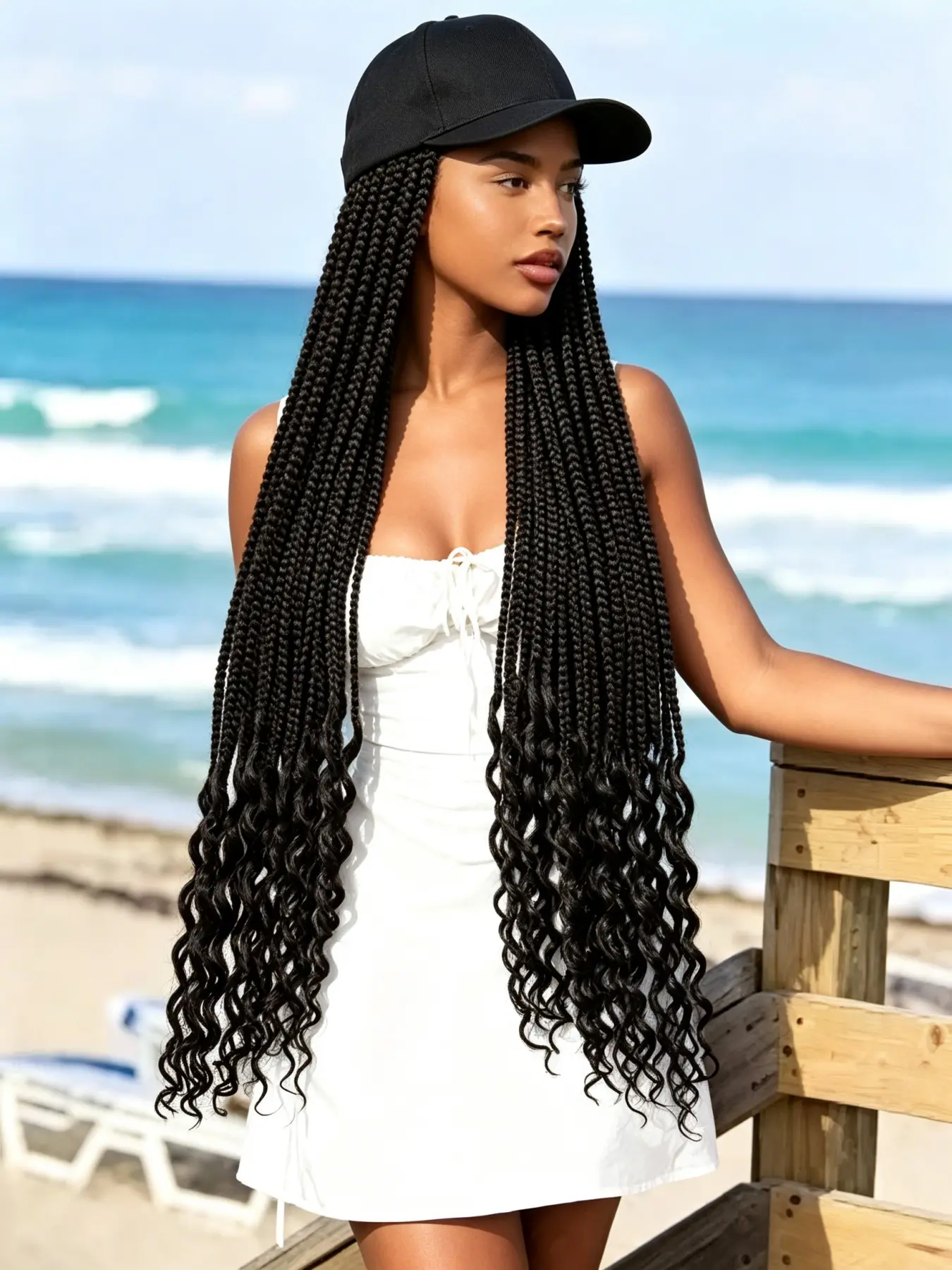 30 Inch Baseball Cap Braids Wig, 3 Strand Box Braids with Curly Ends, No Glue Needed, Ready to Wear, Easy Hairstyle Solution