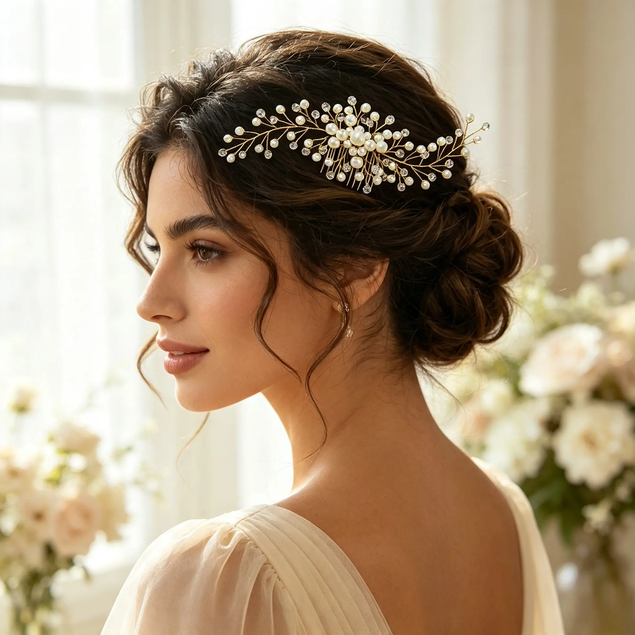 Elegant Faux Pearl Bridal Hair Vine, Glass Bead Wedding Updo Headpiece, Romantic Hair Accessory Gift For Bride