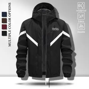 Men Adjustable Drawstring Hood Casual Jacket, Windproof Durable Light Fabric Full Zip Outerwear with Chevron White Stripes, Elastic Cuffs Zipper Side Pockets, Loose Fit Coat for Sports Daily Travel, Multiple Neutral Tone Options
