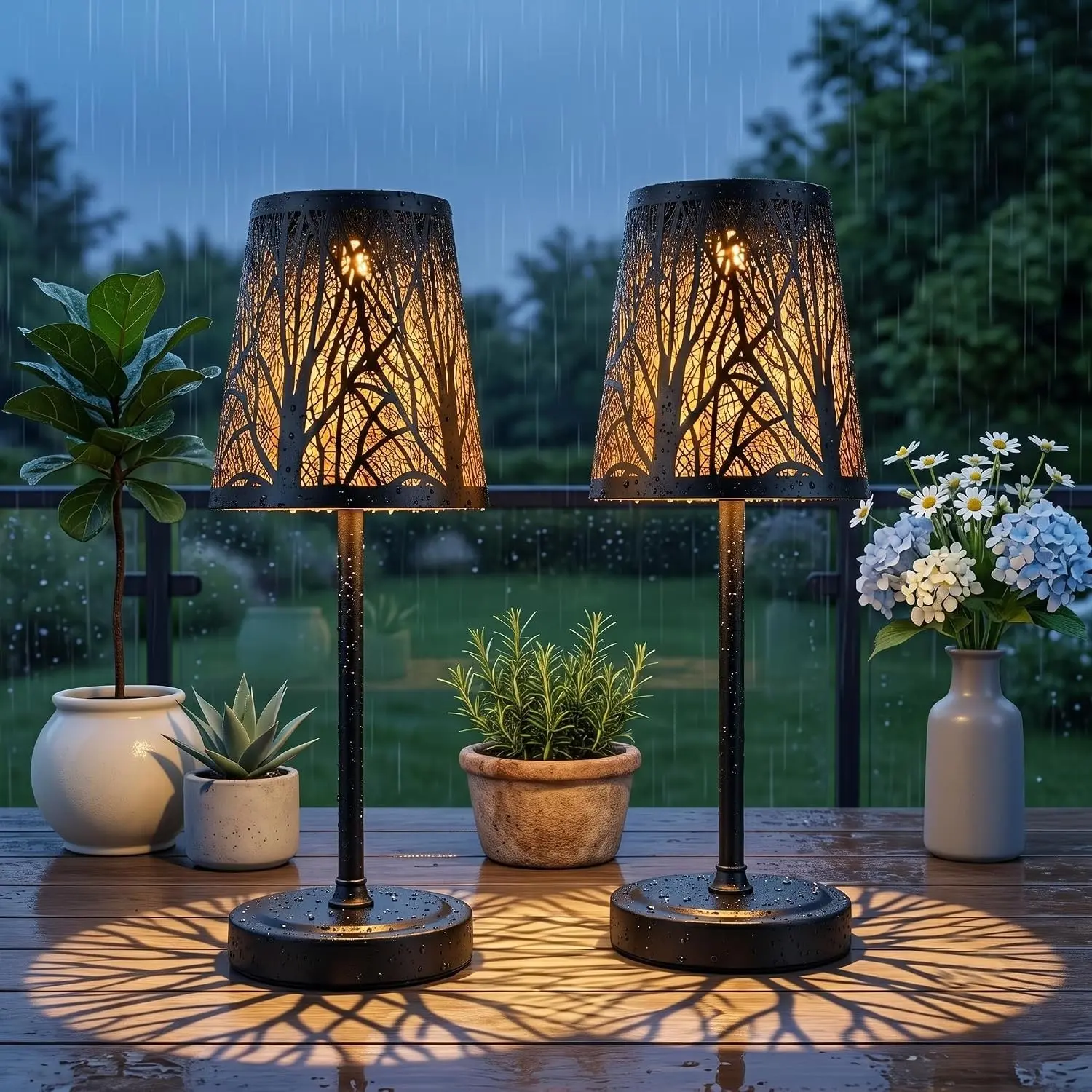 Solar Table Lamp 2 Pack, Forest Shadow Projector Light | IP44 Waterproof, Gothic Iron Lights, Outdoor Desk Patio Decor