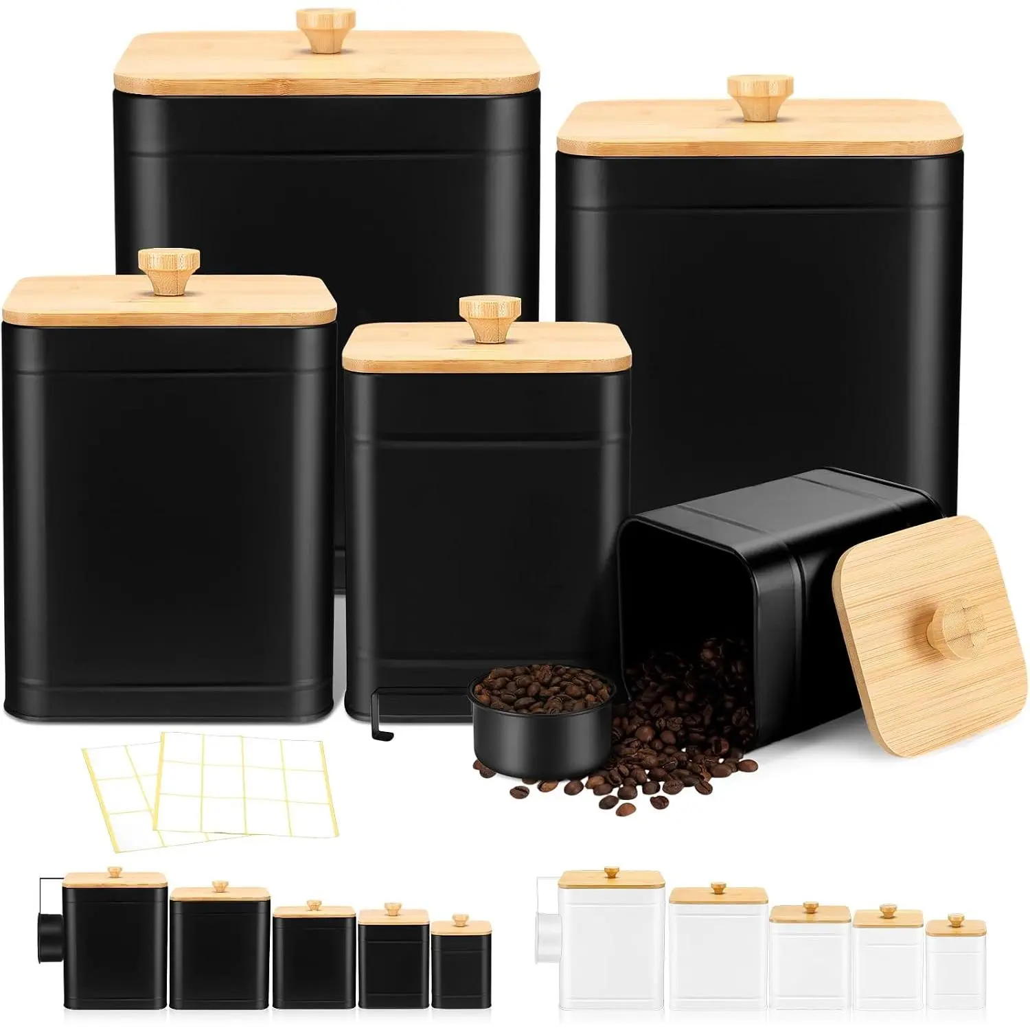 5 count Black Kitchen Canisters for Countertop with Labels Airtight Metal Containers Coffee  Sugar Flour Jars with Spoon  Big  Storage Set for Kitchen