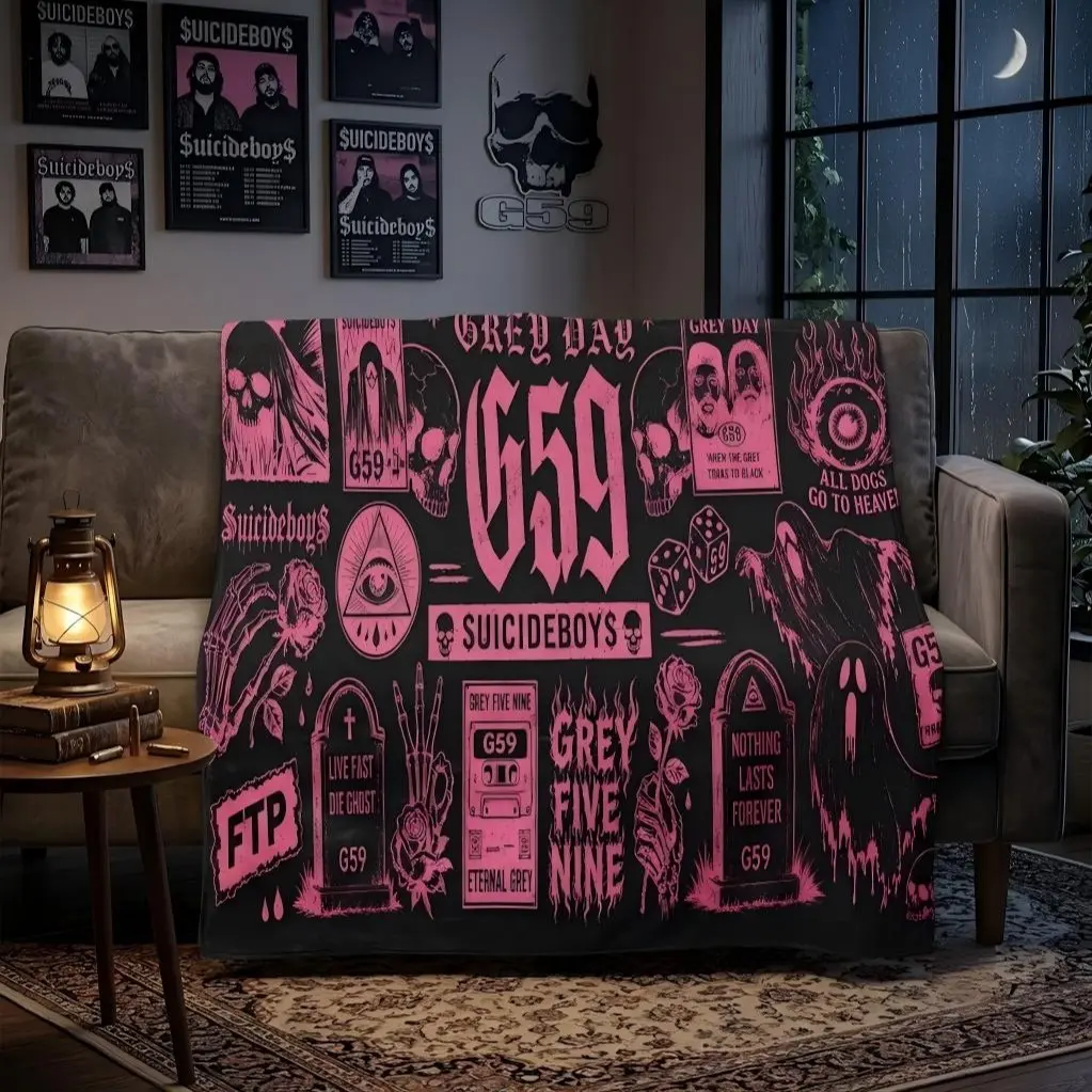 G59 Suicideboys Inspired Fleece Blanket, Underground Rap Skull & Tombstone Throw Blanket, Cozy Gothic Emo Room Decor, Unique Gift for Rap Music Lovers