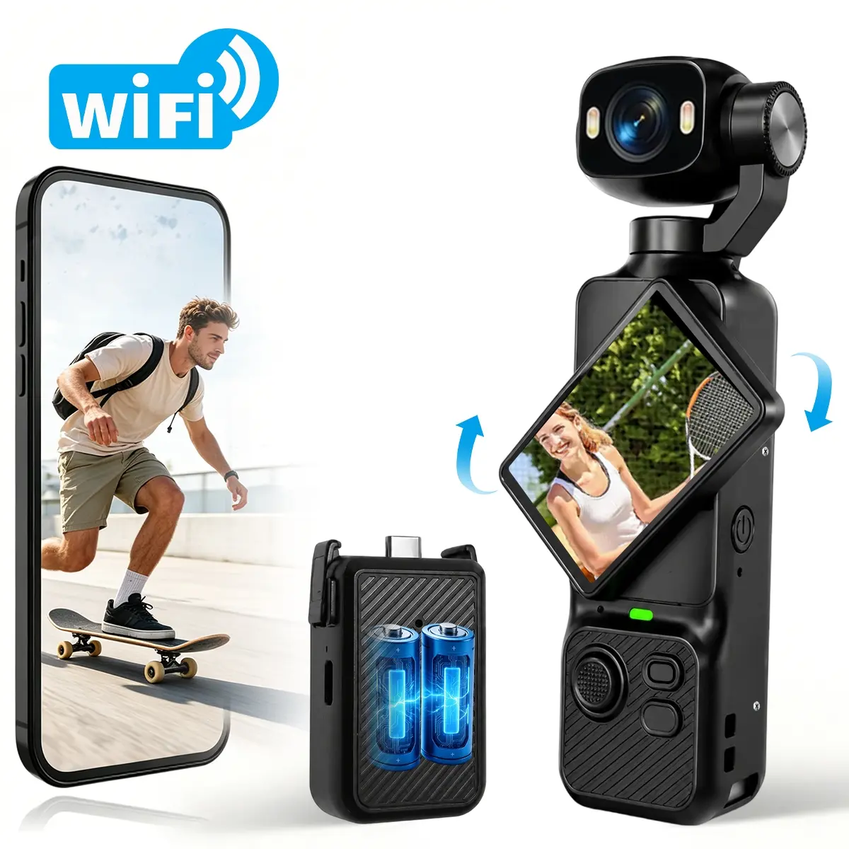 Pocket Vlogging Camera, 1080P HD Action Camera with 180° Rotating Lens, Pocket Body Camera with Audio & Video Recording, Long-Lasting Extra Charging Case for All-day use, Easy One-Button Recording for Travel,Video Shooting, Content Creator, Sports Camera