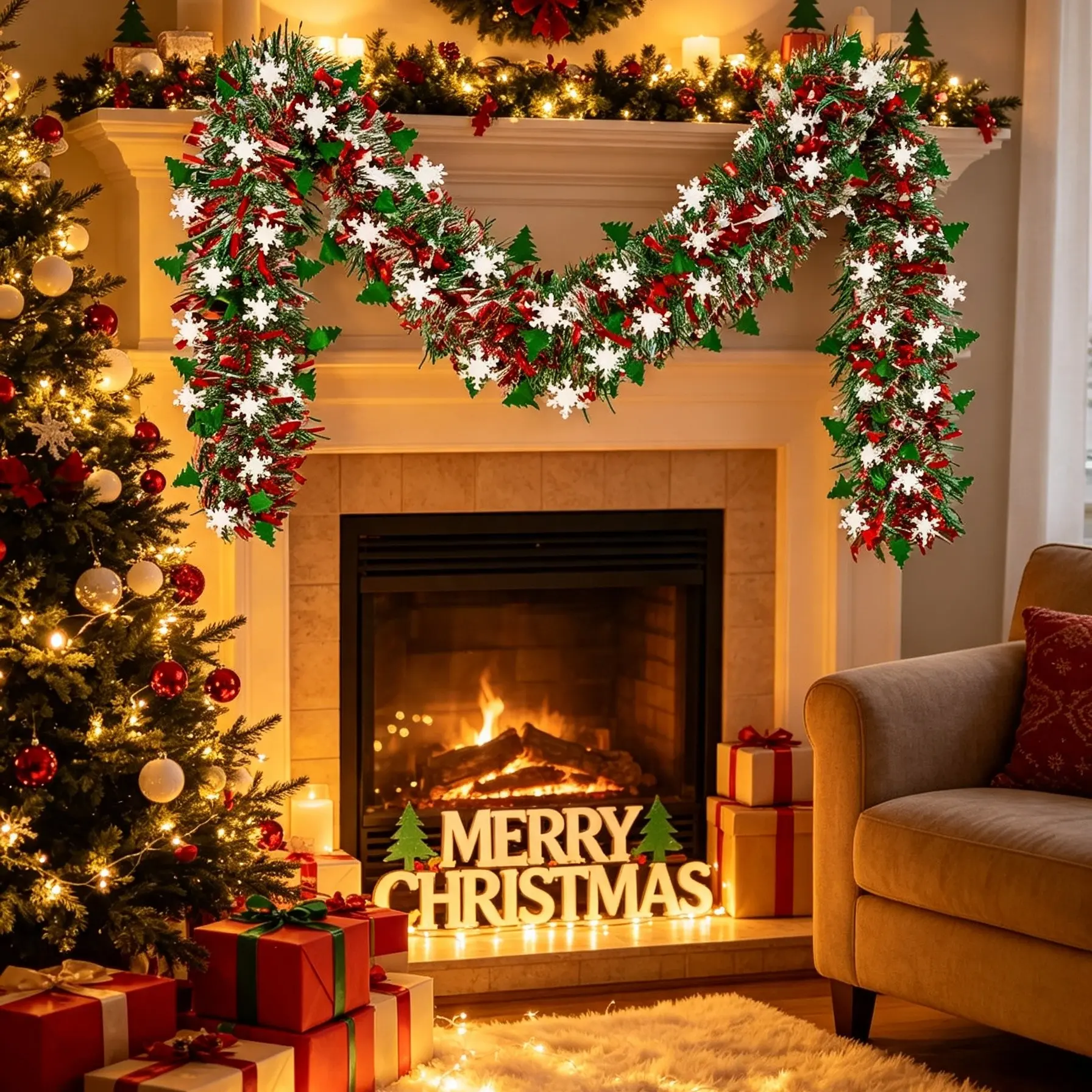 2m Long 9cm 2 Pcs Christmas Decoration Ribbon, Festive Tree Ornament, Colorful Pull String Garland, Perfect for Holiday Decorations