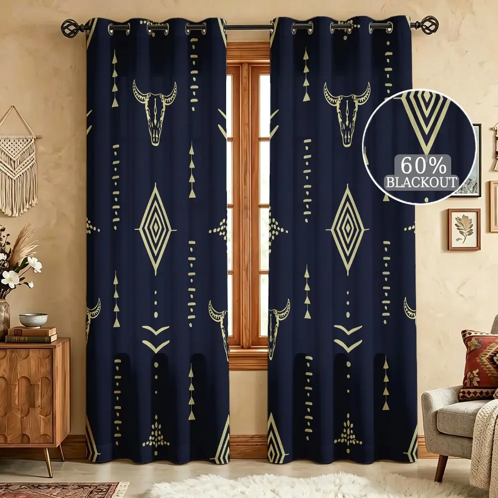 2 panels Aztec Bull Bone Printed Sunshade - Home Decoration Curtain Room Divider Sunshade Curtains with Perforated Top Design, Suitable for Living Room, Bedroom, Kitchen, and Festival Decoration, Window Curtain Window Drapes, Home Decorative Curtain
