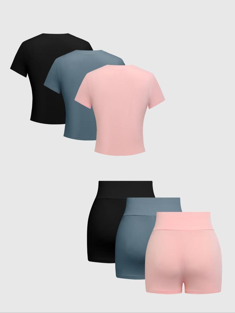 Women's  Solid Round Neck Tee & Skinny Shorts Set, Casual Short Sleeve T-shirt & Short Leggings, Ladies Summer Clothes