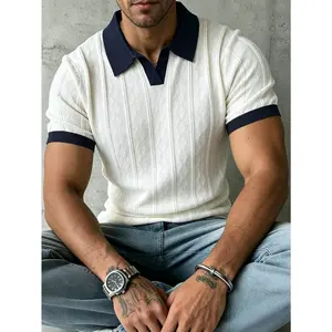 Men’s Textured Knit Short Sleeve Polo Sweater with Contrast Lapel Collar, Slim Fit Breathable Knit Top, Elegant Staple to Build Refined Daily Summer Outfits and Classic Minimal Mensfashion