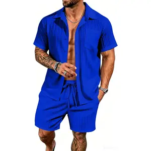 Men's Short Sets 2 Piece Summer Beach Outfits Button Down Texture Pocket Shirts and Shorts Linen Sets