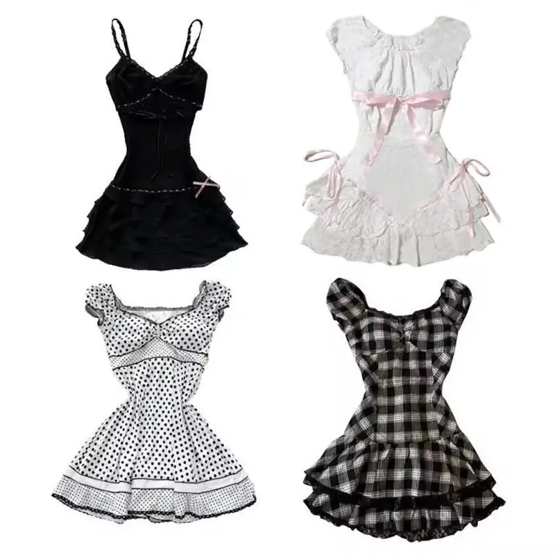 Korea Fashion Polka Dot Y2k Lace Dress Harajuku Vintage Sleeveless Sweet Outfits Emo Punk Casual Suspender Slim Dresses 2000s