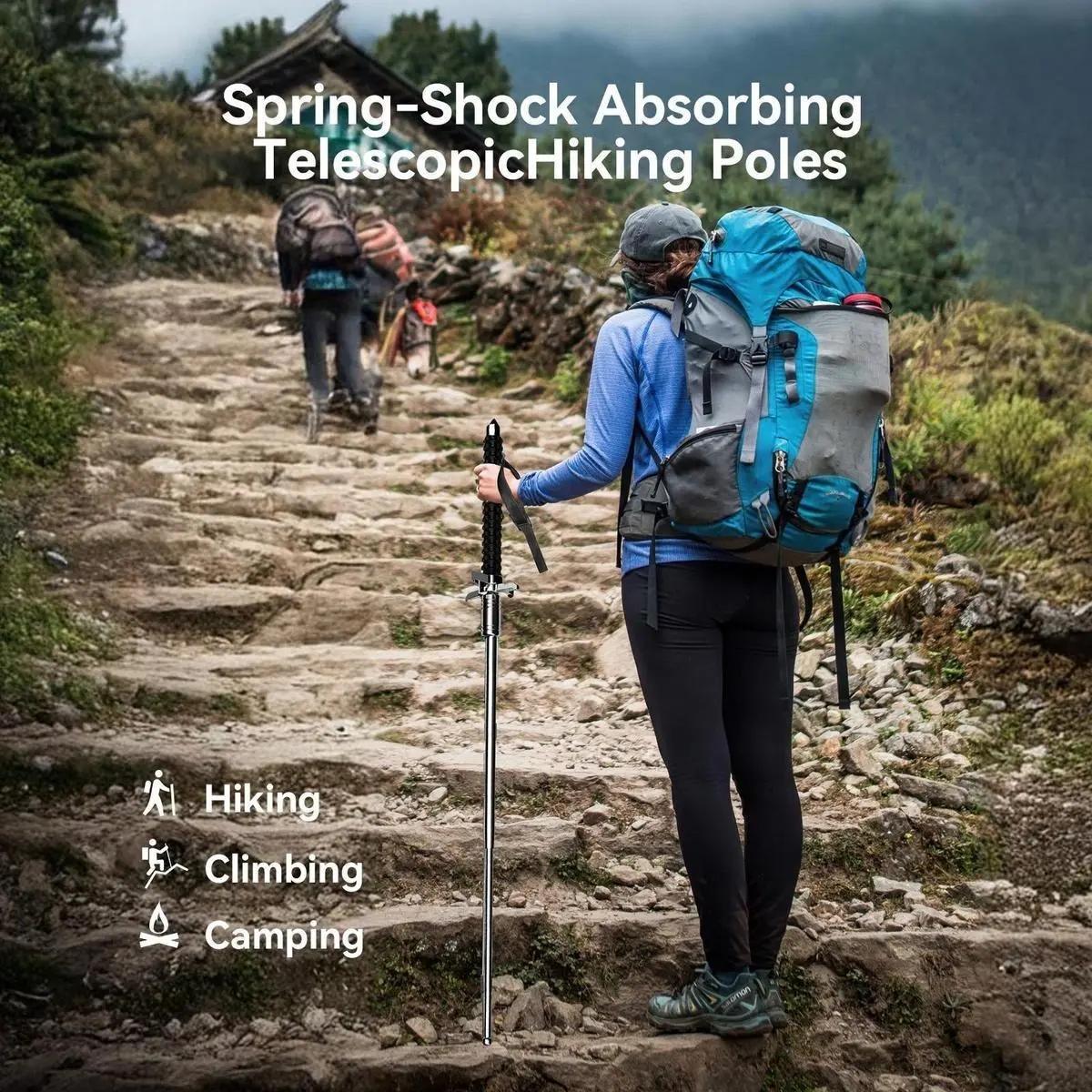 Telescopic Shock-Absorbing Trekking Poles, Three-Section Aluminum Alloy Non-Slip Hiking Sticks, Outdoor Mountaineering and Cross-Country Walking Canes, Portable Mountaineering Equipment