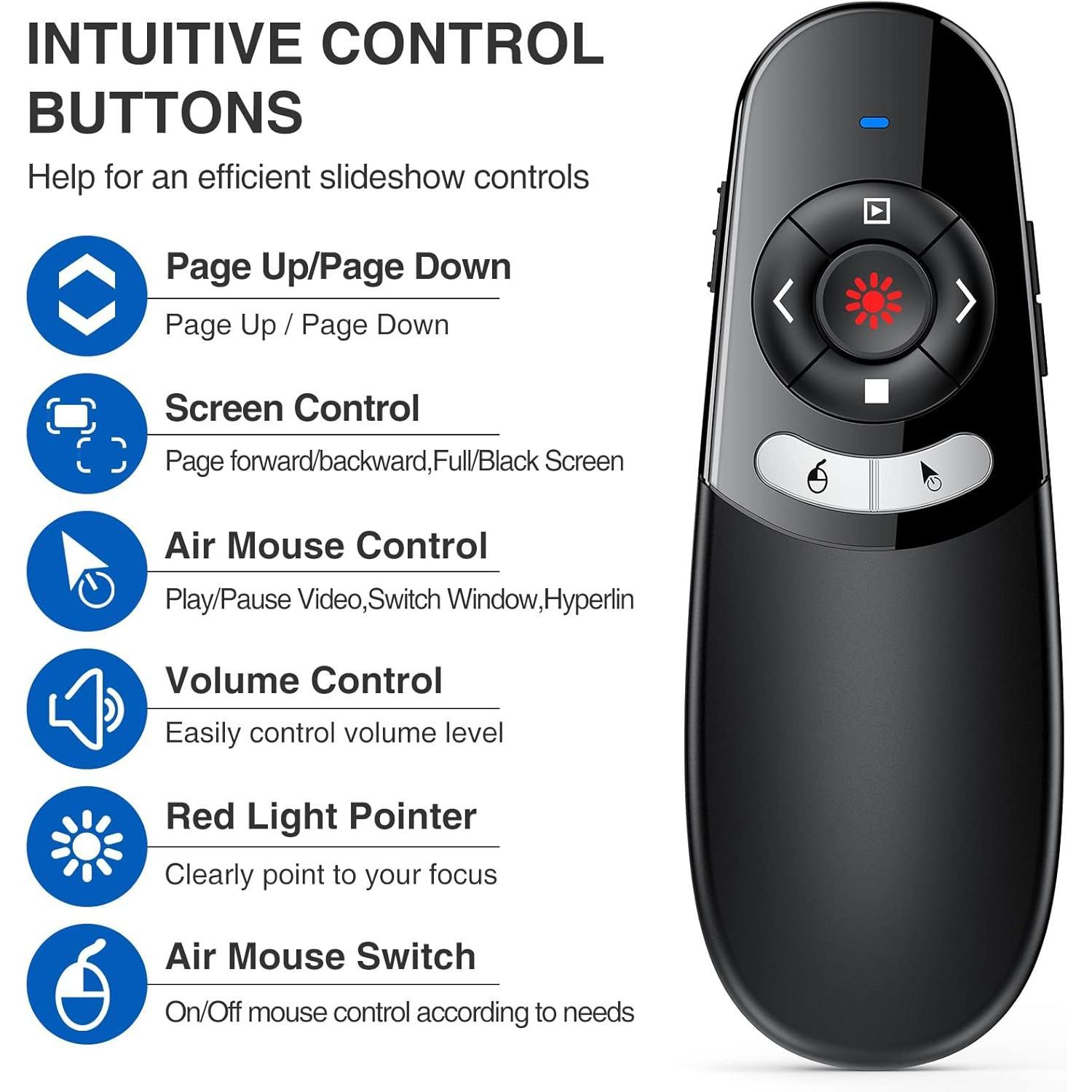 2 in 1 Type C and USB Presentation Clicker with Air  Control, RF 2.4GHz  Presenter Remote PowerPoint Clicker Slide Pointer Advancer for Computer Laptop Classroom Office