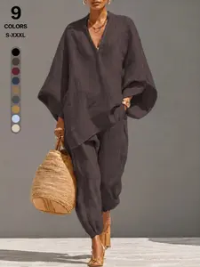 Women's Summer Faux Linen Matching Set - Mandarin Collar V-Neck Blouse & High Waist Jogger Pants with Pockets, Versatile Urban Casual Loungewear