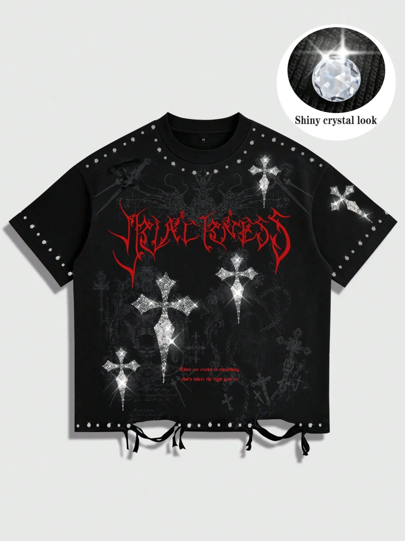 Red Gothic lettering print with rhinestone trim, men's cotton T-shirt with a cross pattern, distressed hem, short sleeves, unisex casual style, loose fit, round neck, street style.