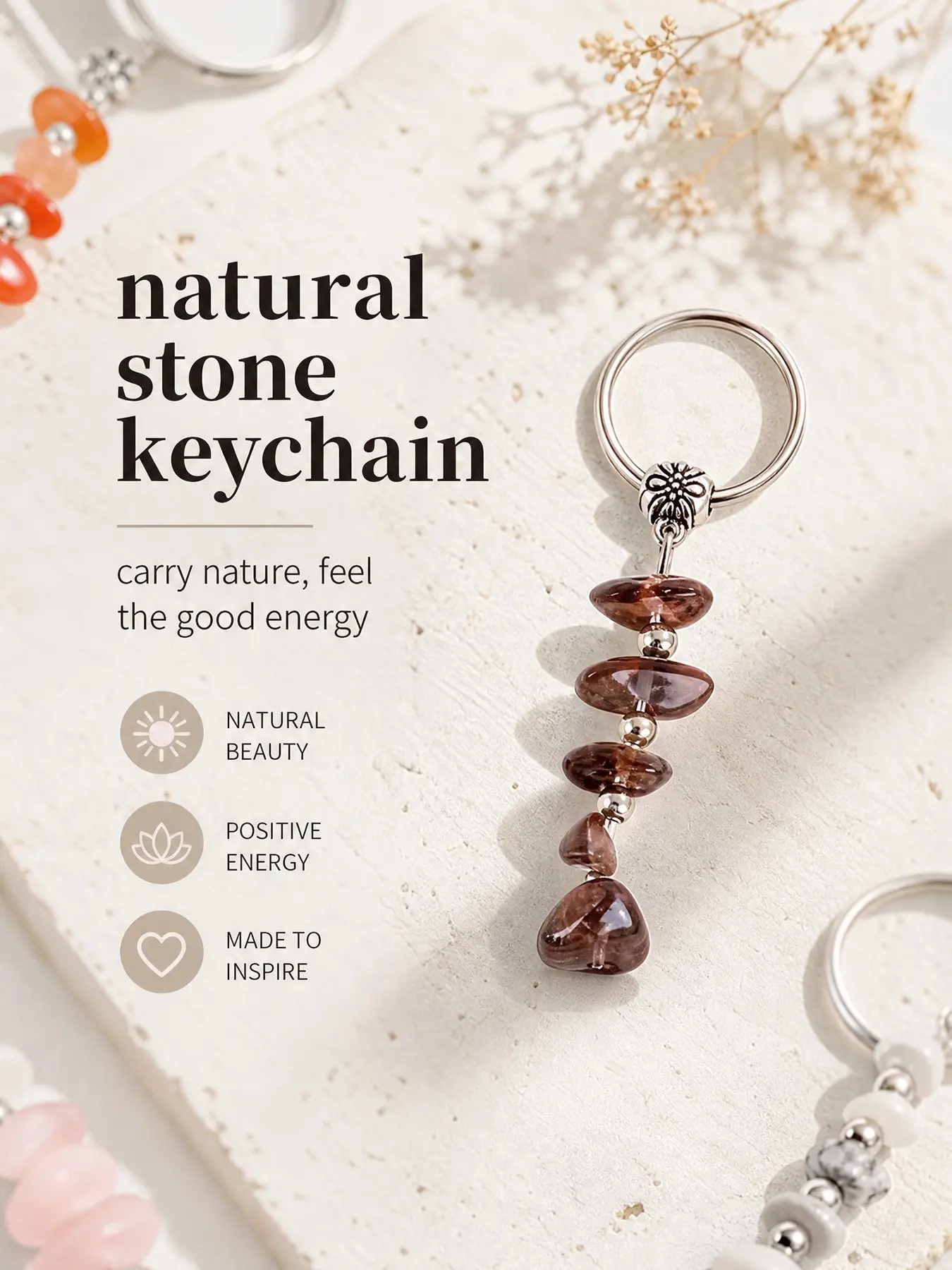 Handcrafted Raw Stone Keychain with Natural Crystals | Unique Wire Wrapped Gemstone Key Ring | Good Luck Protection Charm, Keychain for Bags