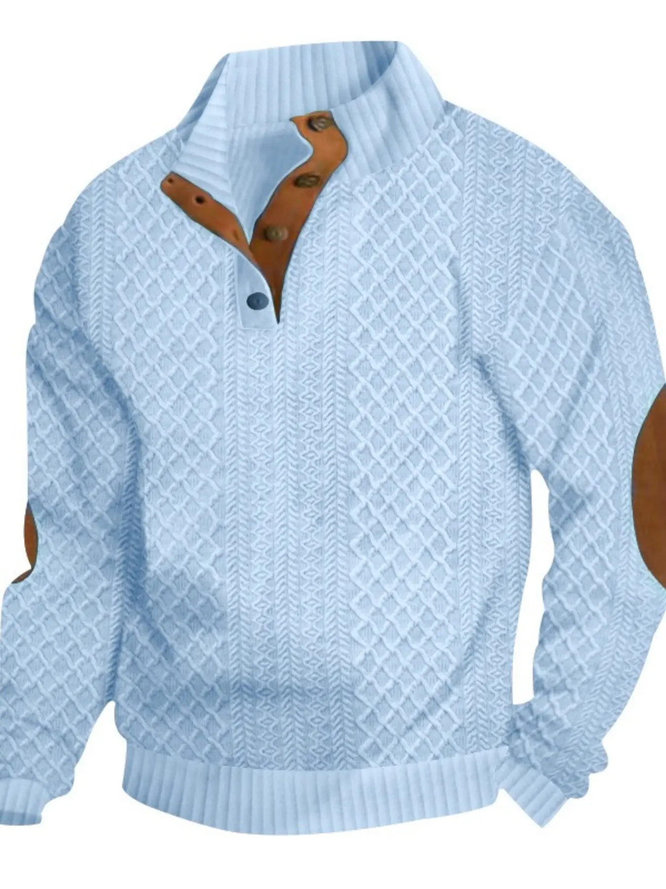Men's textured herringbone Henry stand-up collar knit sweater - elbow patch leather retro casual sweater - soft and warm, loose fit - suitable for both commuting and daily wear, versatile and easy to pair