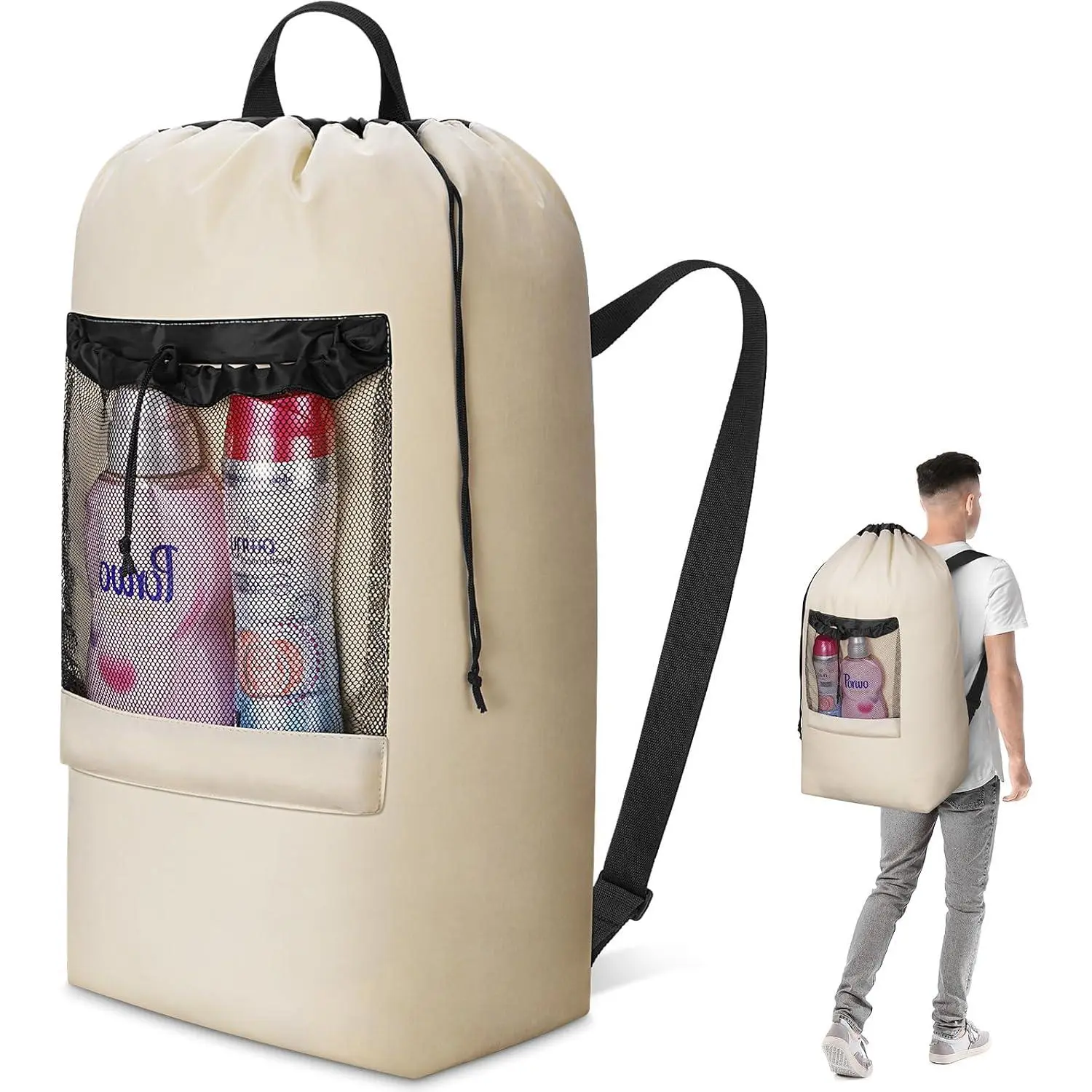 Laundry Bag Backpack Travel, 90L, Khaki |  Bag with  Straps and Mesh Pocket for Laundromat, Heavy Duty Basket for Dirty Cloth College Dorm Apartment