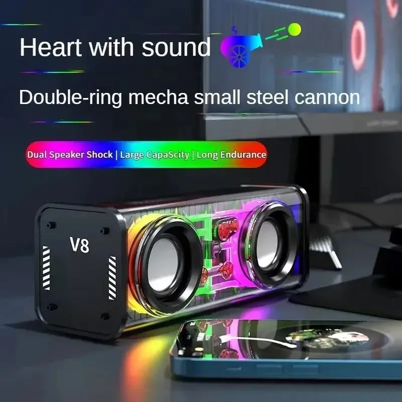 V8 Transparent Mechanical Bluetooth 5.0 Speaker, Rechargeable Compact TWS Loudspeaker with Double Bass Diaphragm Subwoofer, RGB Light, Wired Connection for Mini Parties (Black), Stereo, Portable