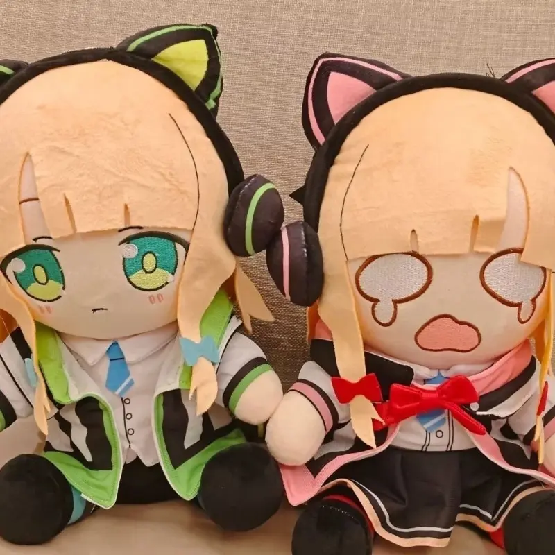 2 Styles Anime Cat Ear Girl Plush Toy Set, Twin Character Stuffed Doll, Green & Pink Headset Cat Ear Design, Different Facial Expression Cute Sitting Plush Ornament Gift For Teens Birthday Cross-Border Wholesale