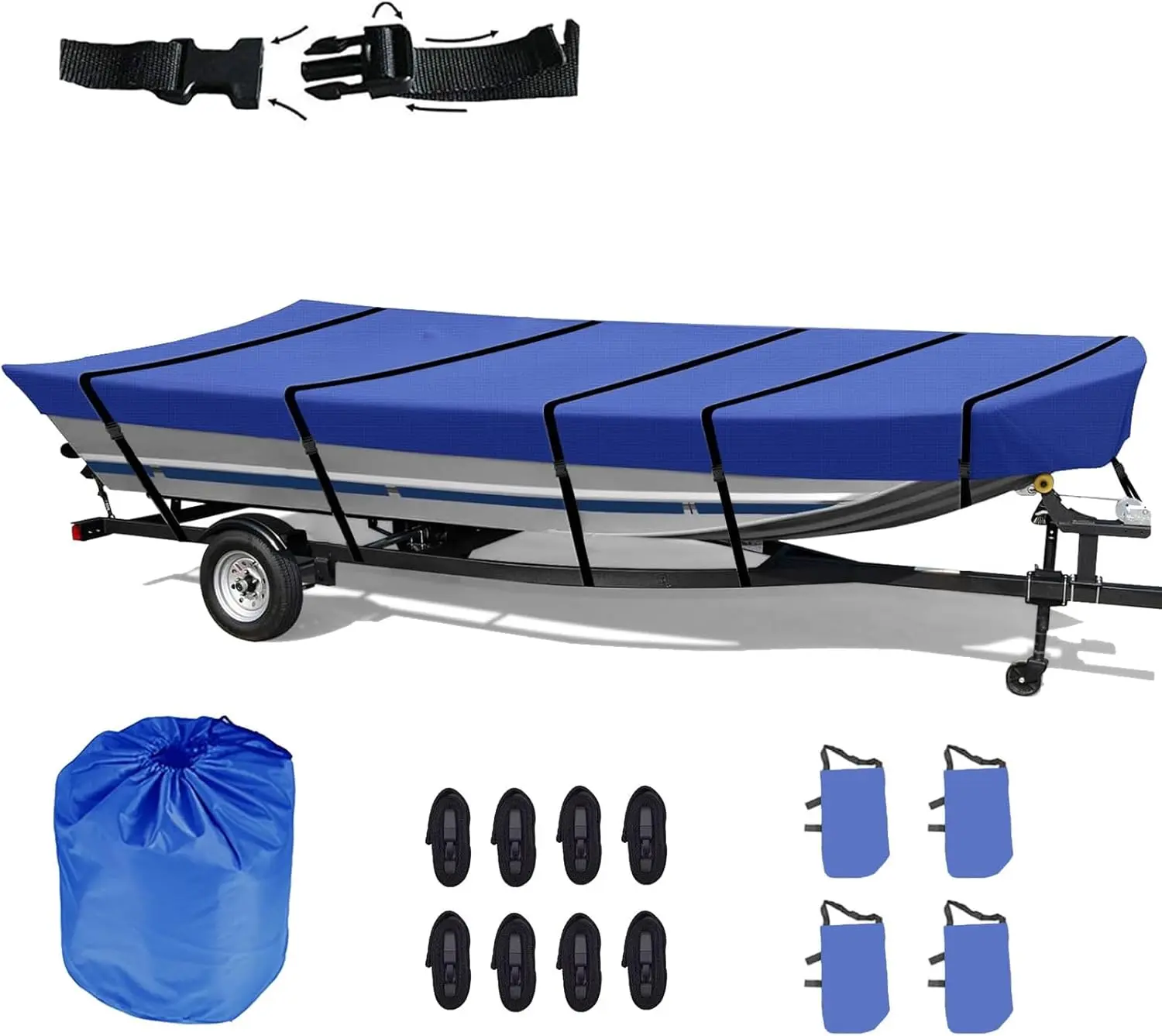 Jon Boat Cover 12ft 420D Waterproof Trailerable Jon Boat Upgraded Version with Additional Fixing Accessories no Water Accumulation and Windproof (Blue, 12ft Long,Beam Width up to 56in)