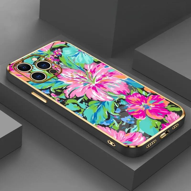 Electroplating Phone Case Floral Color Symphony Patterned Classic Square Design Non Slip TPU Soft Shell Cellphone Protective Casing for iPhone 17 Pro Max Air 16 15 14 Plus 13 12