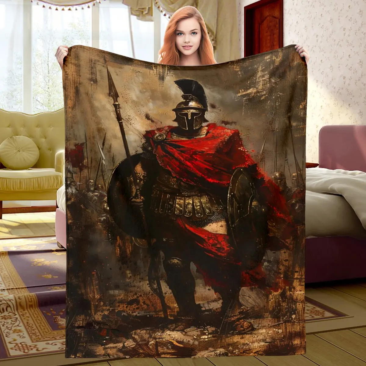 Retro Vintage Flannel Blend Throw Blanket - Roman Print Ancient Roman Warrior Legion Soldier Gladiator Graphic, All-Season Cozy Home & Travel Indoors Outdoors Decor Gift for History Lovers Men, Fading Proof