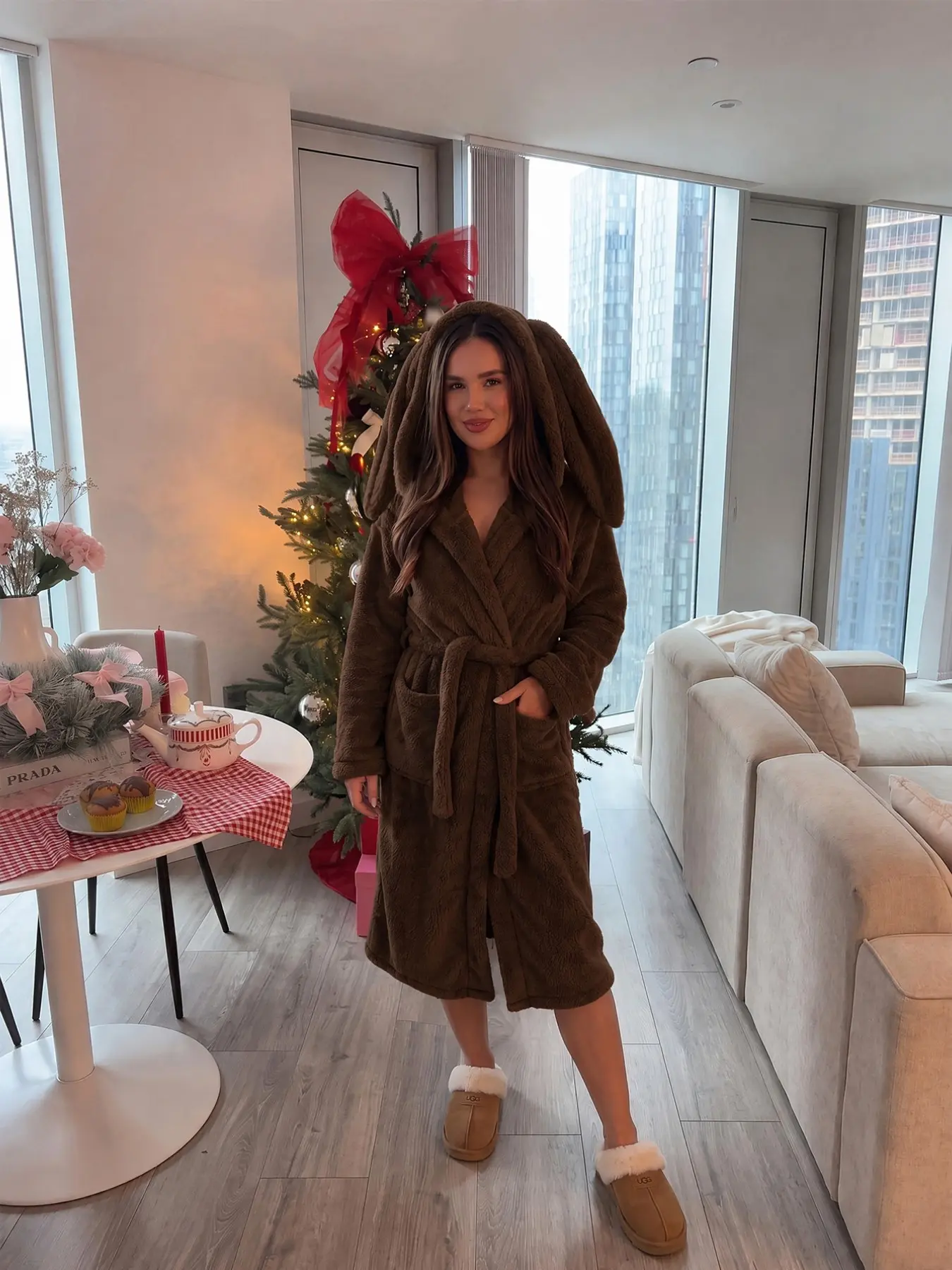 Christmas Holiday Robe, Fleece Robe, Loose Fit, Bunny Ears Hooded Bathrobe, Elegant Striped Design, Unlined, Raised Fiber Surface