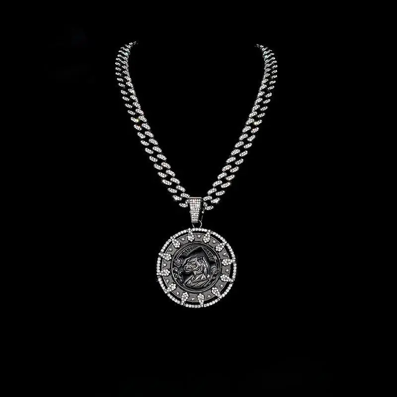 Men's Rotating Black Panther Pendant Necklace with Cubic Zirconia Details, Long Cuban Link Chain, Black-Silver-Rose Gold Metal Coating Medallion, Unisex Hip Hop Streetwear Statement Jewelry, Anniversary Gift, Metal Costume Accessory Pair Pack, Animal