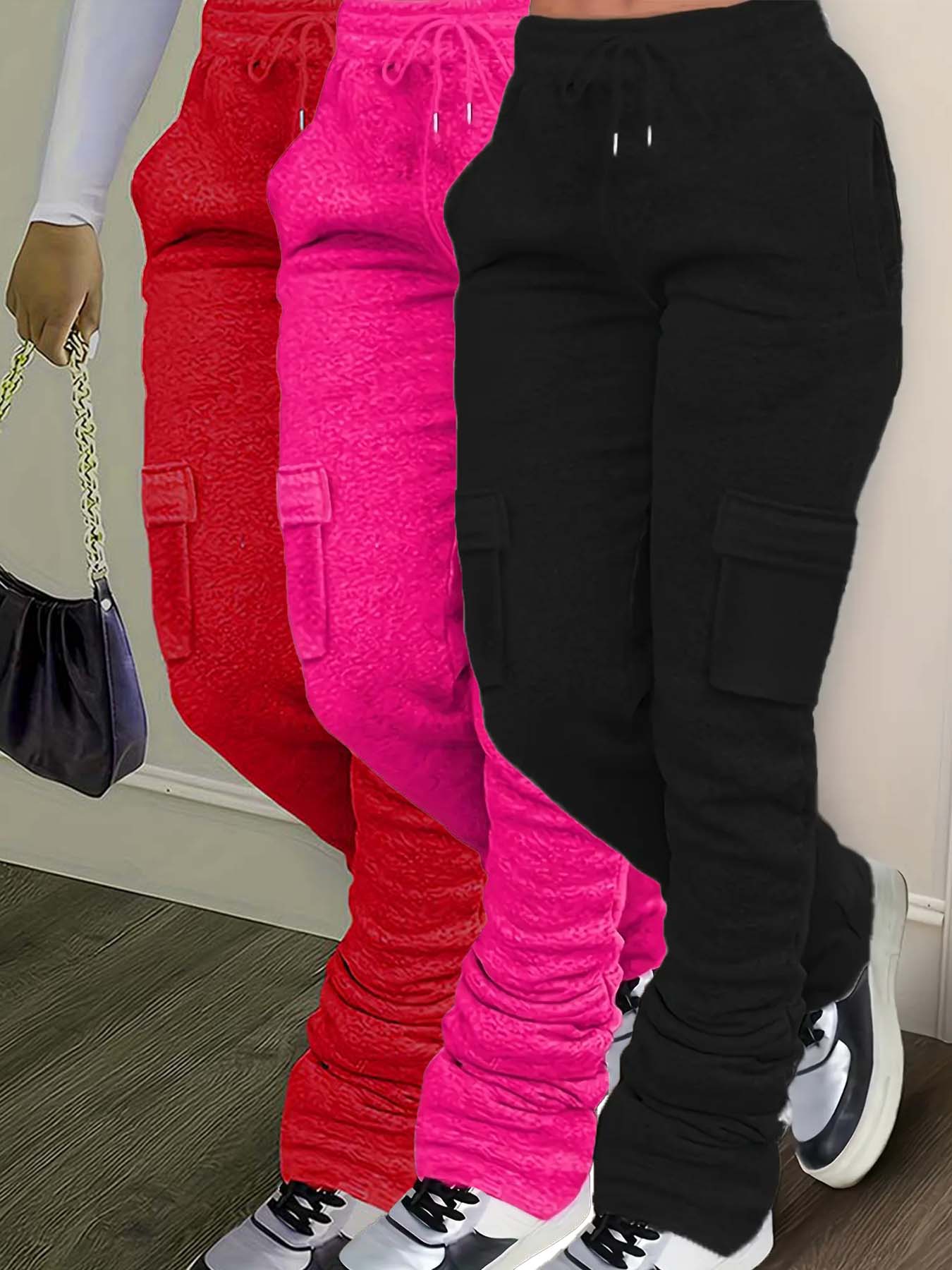 Women's Solid Drawstring Elastic Waist Sweatpants, Casual Pocket Design Jogger Pants for Daily Wear, Ladies Bottoms for All Seasons, Active Wear, Athletic Pants for Women, Leg Joggers, Sports Pants, Tapered Sweatpants