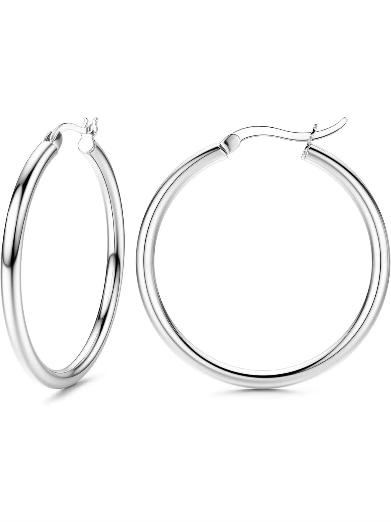 Sterling Silver Hoop Earrings for Women, Hypoallergenic Lightweight Hoops, Rounded Hoop Earrings, Casual Style, Classic Style Earrings, Various Sizes 13-50mm, Choking Hazard Warning