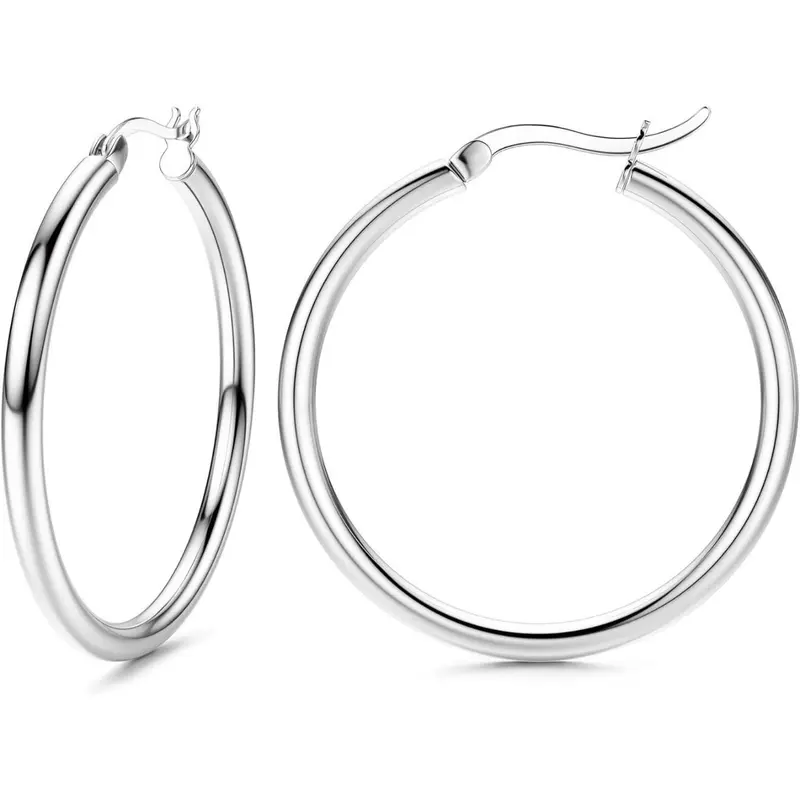 Sterling Silver Hoop Earrings for Women, Hypoallergenic Lightweight Hoops, Rounded Hoop Earrings, Loop Earrings, Casual Style, Classic Style Earrings, Various Sizes 13-50mm, Choking Hazard Warning